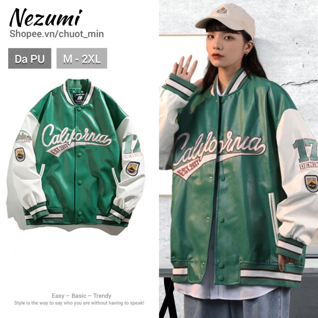 Áo khoác bomber da PU thêu chữ logo bóng chày màu cực độc unisex nam nữ hip hop