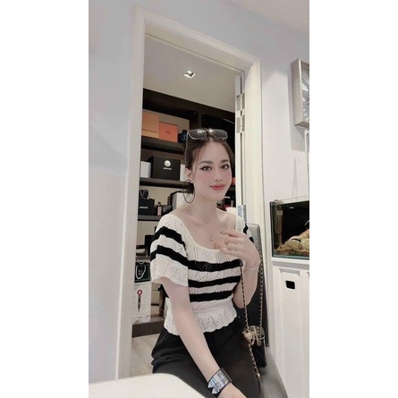 Áo len nữ tay cộc cánh tiên bẹt vai dáng croptop hot