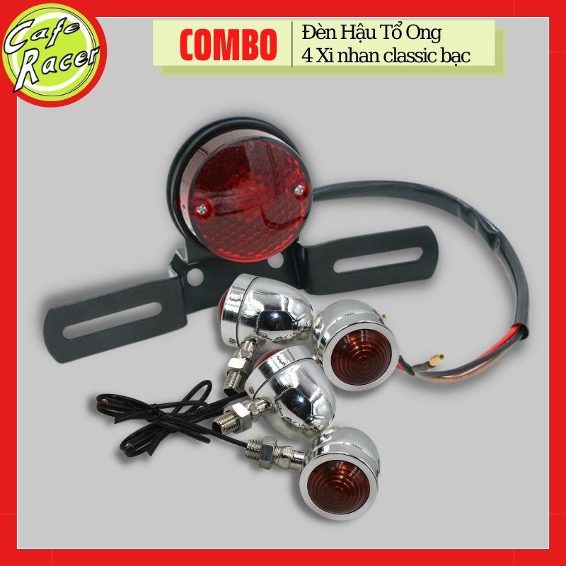 Set phụ tùng gồm đèn hậu tổ ong và 4 xi nhan classic loại bé cho Win 67 Wolf độ xe CAFE RACER Tracker