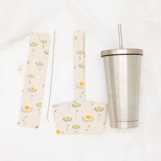 Ly giữ nhiệt 500ml kèm ống hút INOX, Quai vải, Túi đựng, Cọ rửa hoạ tiết Hoa Cúc - A Little Bit