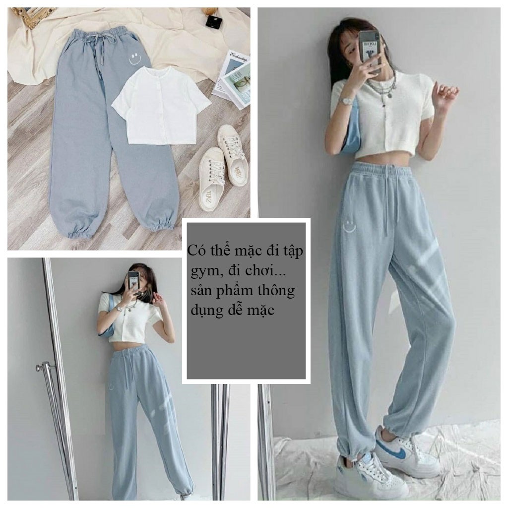 Set áo croptop cài cúc tay ngắn và quần jogger buộc dây mặt cười - VIETCEN