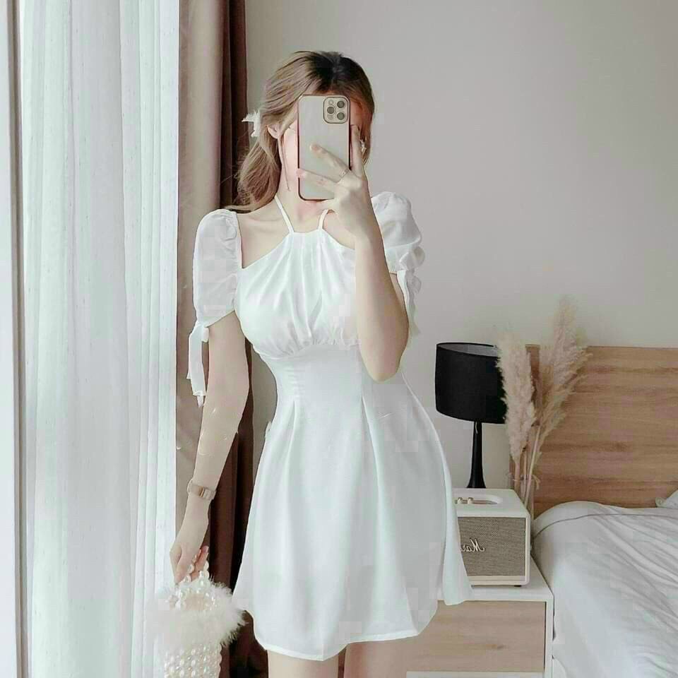 Đầm Nữ Thời Trang Mặc Đi Tiệc, Đầm Nữ Umi Có Mút Cổ Yếm Tay Ngắn Thắt Nơ Váy Xếp Ly Xinh Xắn