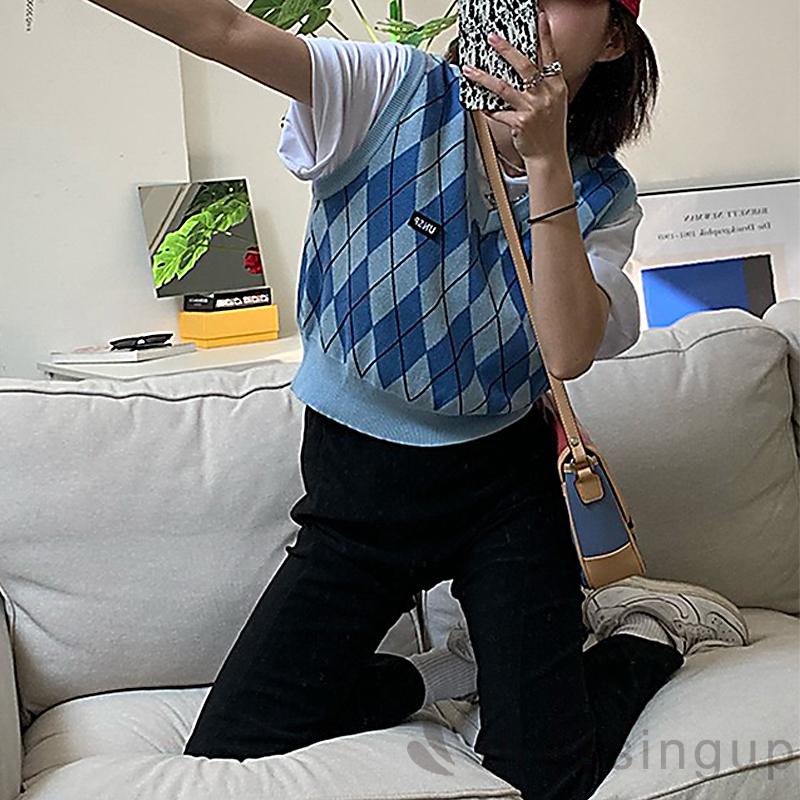 Áo dệt kim sát nách cổ chữ V thoáng khí in họa tiết hình thoi cổ điển cho nữ