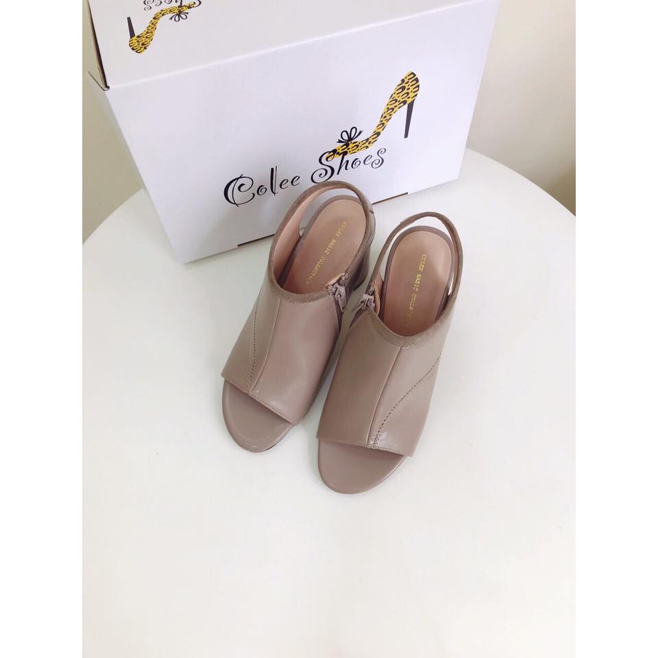 Giày boots nữ cao cấp hở mũi hở gót gót trụ 8cm | Màu Kem Nâu- Size 35