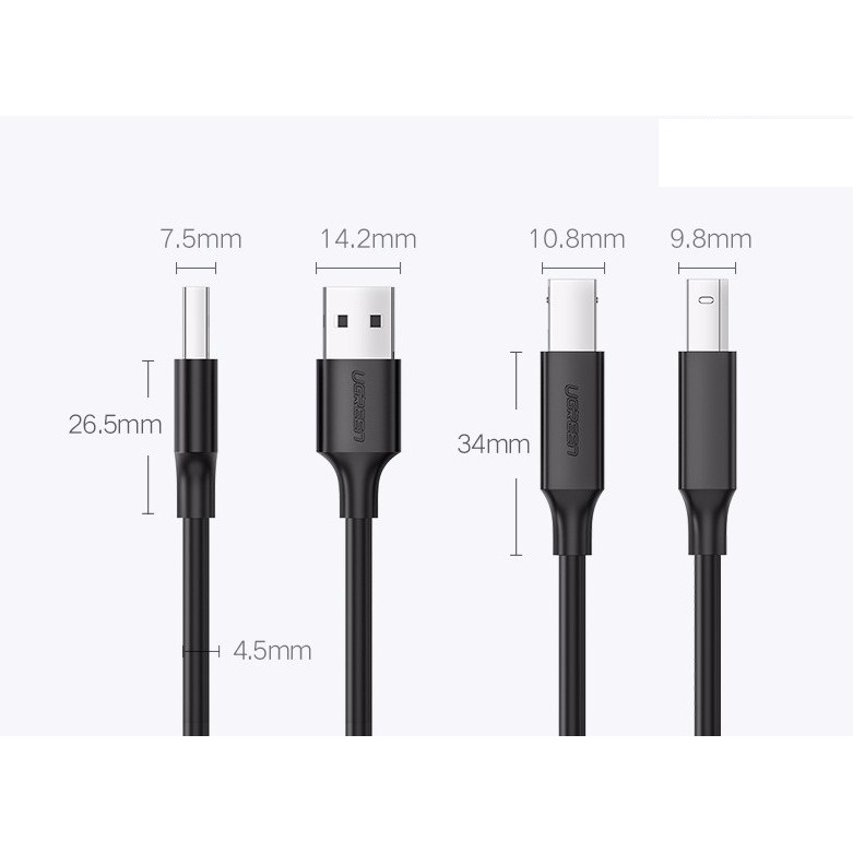 Cáp usb máy in 2.0 cao cấp Ugreen dài 1.5m 2m 3m 5m  10845  10327 10328  10329- Hàng chính hãng bảo hành 18 tháng