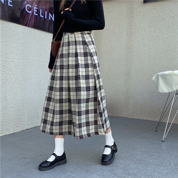 Chân váy midi xòe dài xếp ly kẻ sọc caro vintage mùa thu