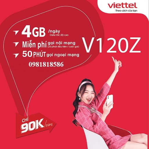 (FREE 30 NGÀY) Sim 4G Viettel gói mới V120Z 90K/ 120GB/Tháng (4GB/Ngày) miễn phí gọi nội mạng, ngoại mạng