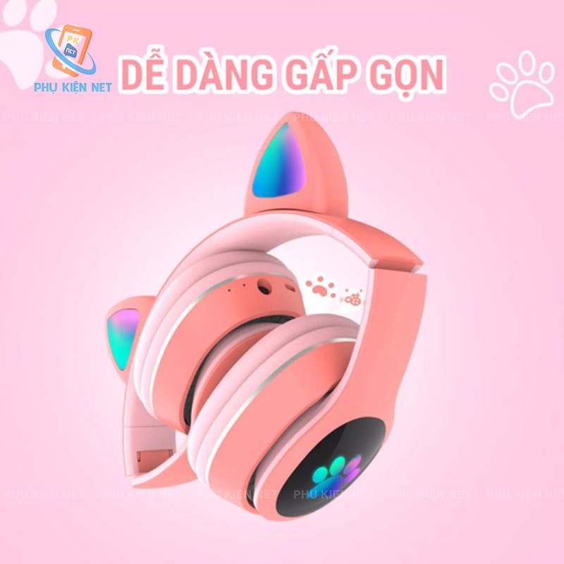 Tai nghe mèo bluetooth phát sáng STN28 - Tai nghe chụp tai mèo có mic kiểu dáng cute có khe cắm thẻ nhớ, Jack 3.5mm