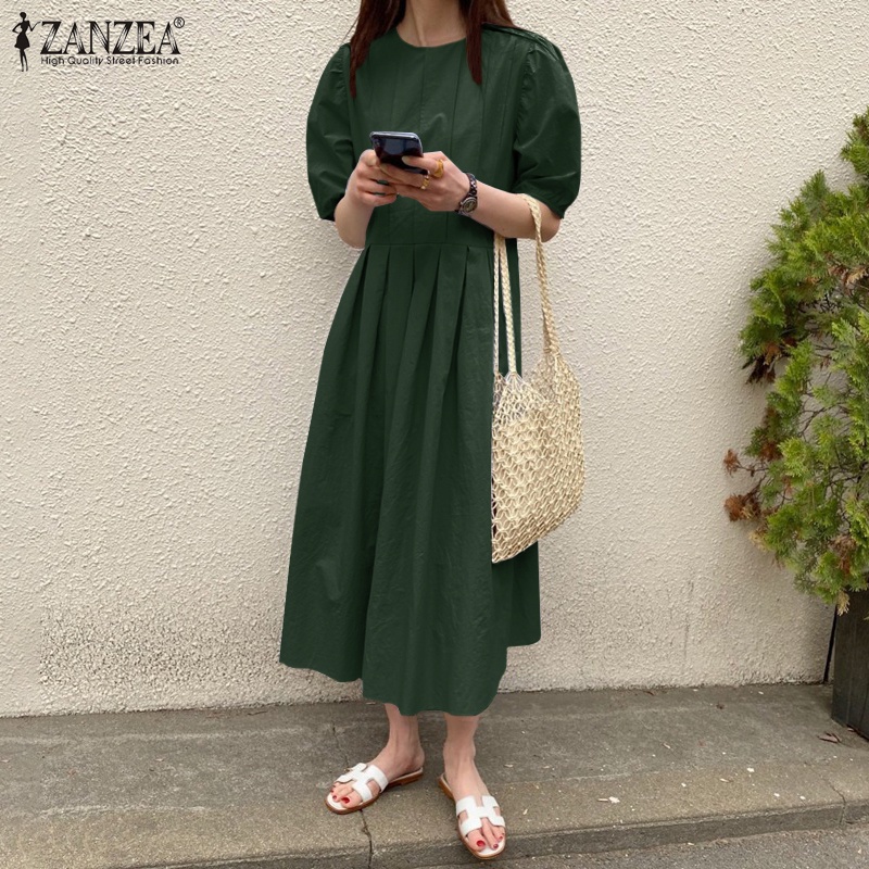 Đầm maxi ZANZEA eo cao tay phồng màu trơn phối khóa kéo thời trang dành cho nữ