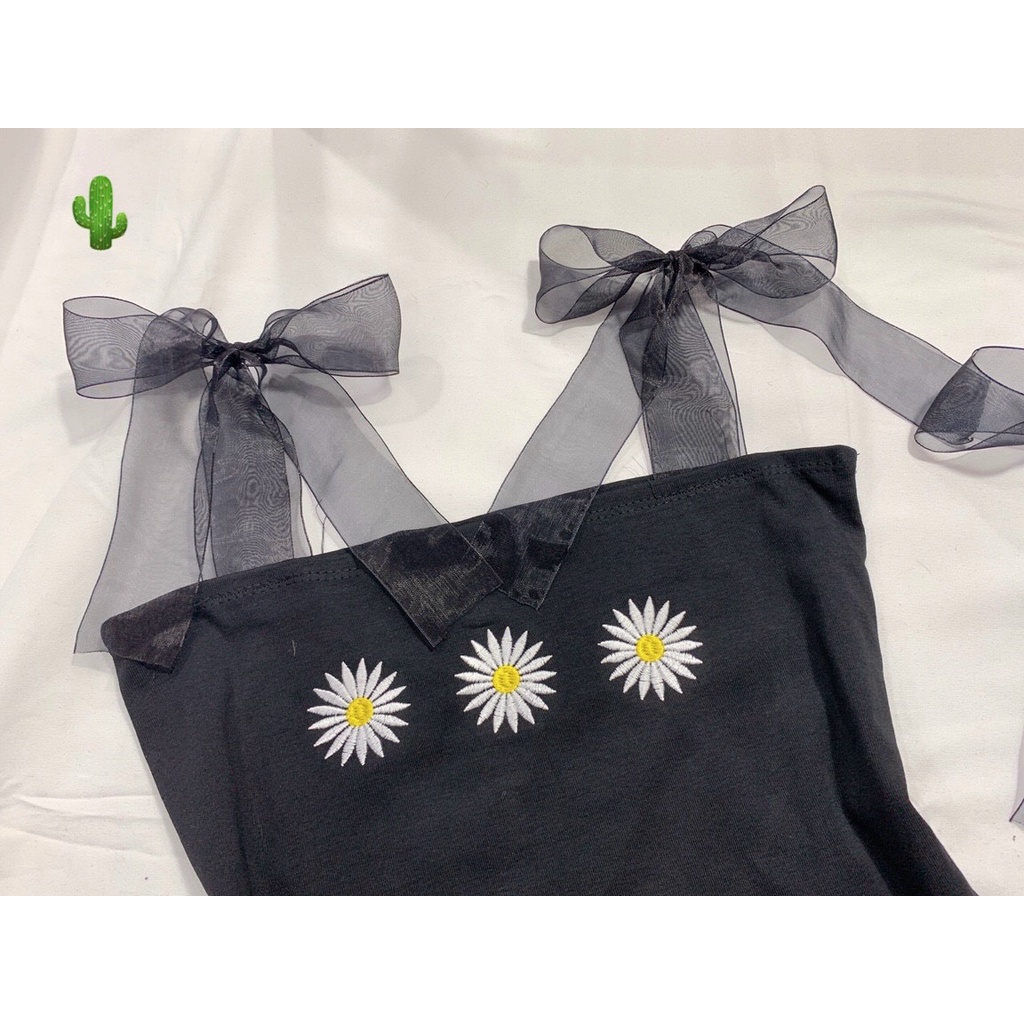 áo 2 dây ruy băng nơ vai thêu hoa cúc pc
