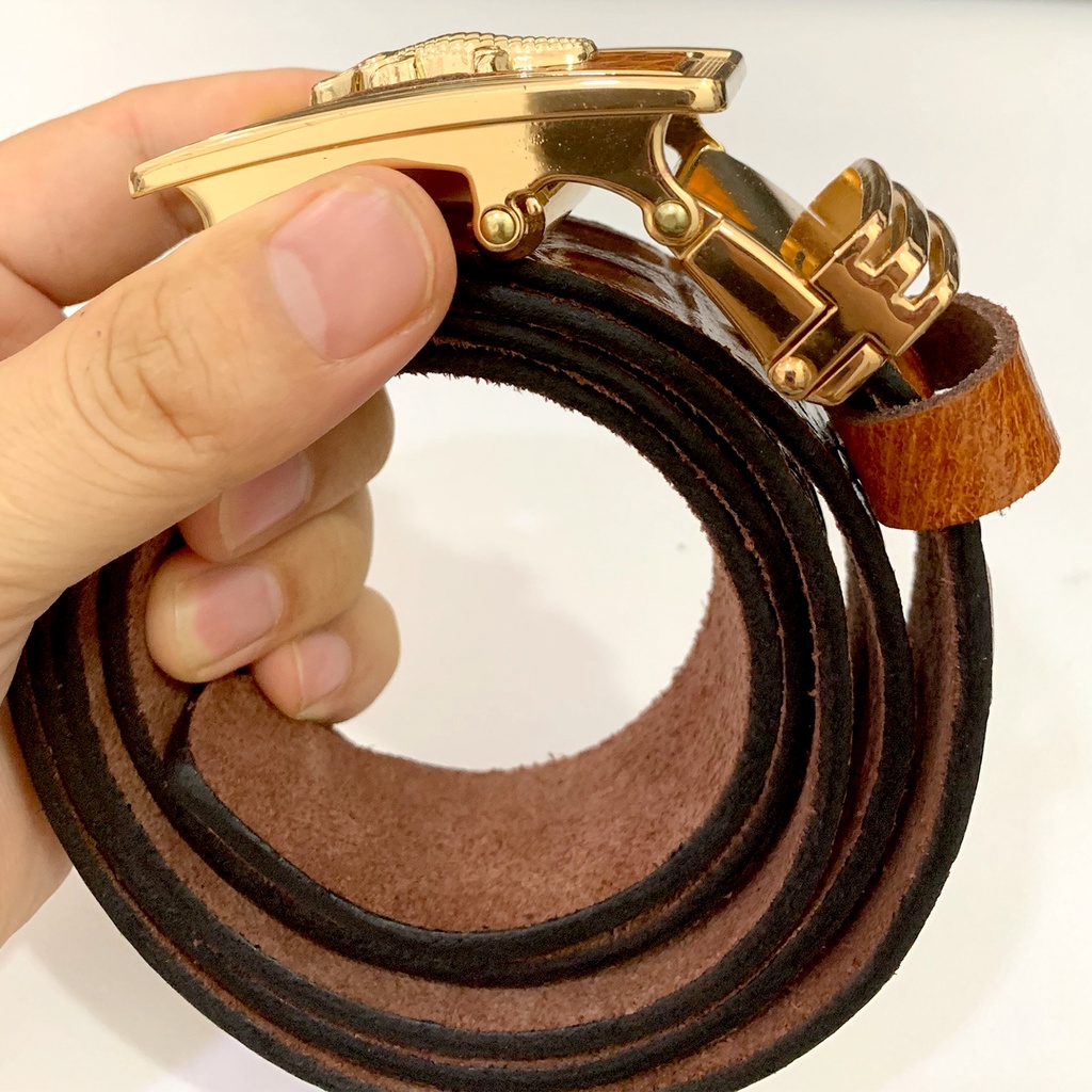 Thắt Lưng Nam Da Bò Nguyên Miếng 1 Lớp Màu Nâu Nhạt Dập Vân Cá Sấu Mặt Khóa Tự Động Gold