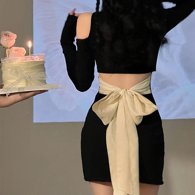 COZOKC Đầm Dài Tay Trễ Vai Phối Nơ Xinh Xắn Dành Cho Nữ