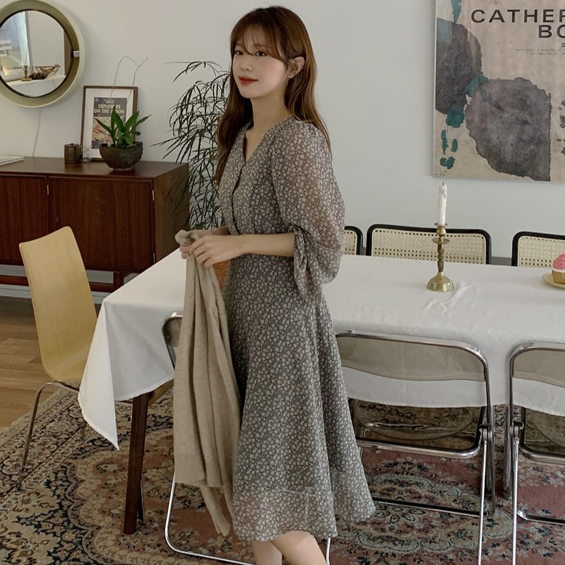 Đầm Peppermint 38447 dài tay in hoa xinh xắn thời trang cho nữ