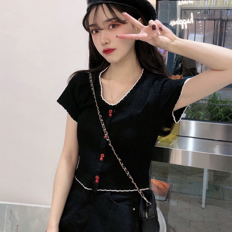 Áo Thun Dệt Kim Tay Ngắn Cổ Chữ V Phong Cách Hàn Quốc