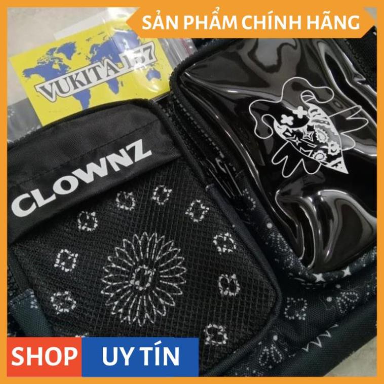 Túi đeo chéo Clownz Đen in hoa văn (Tặng full tag và giấy thơm) (chuẩn cao cấp 1-1) (loại 2 hộp in mặt quỷ) (Vukita157)