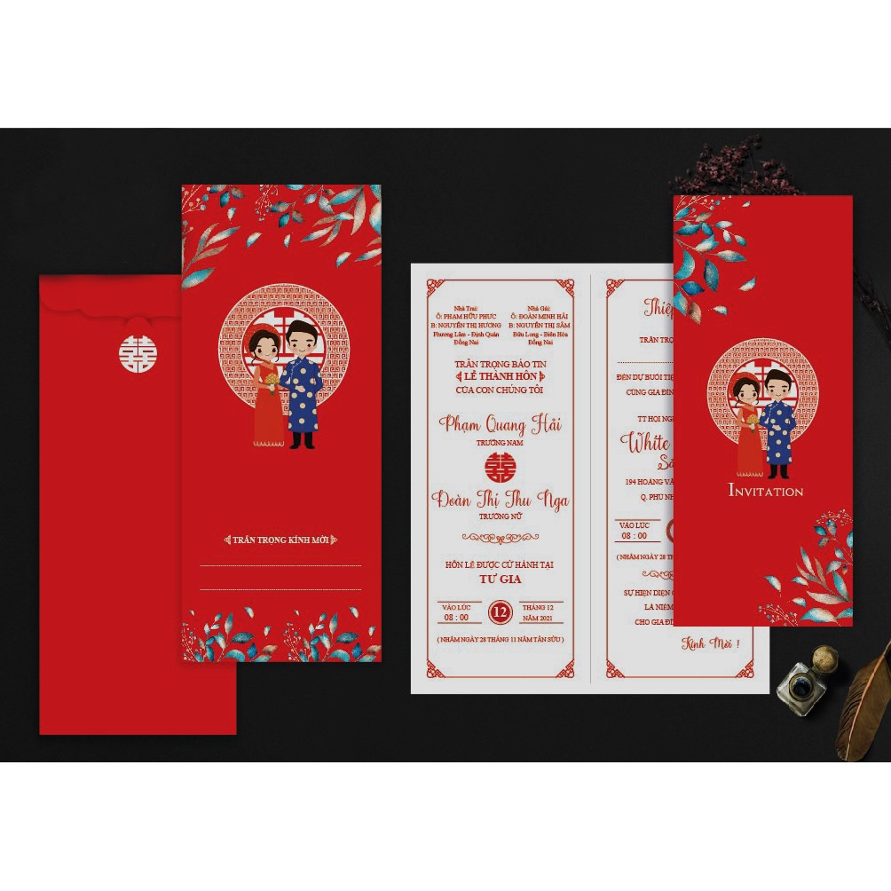 Thiệp cưới túi đứng truyền thống,  giá rẻ, thiệp cưới chibi màu đỏ A93