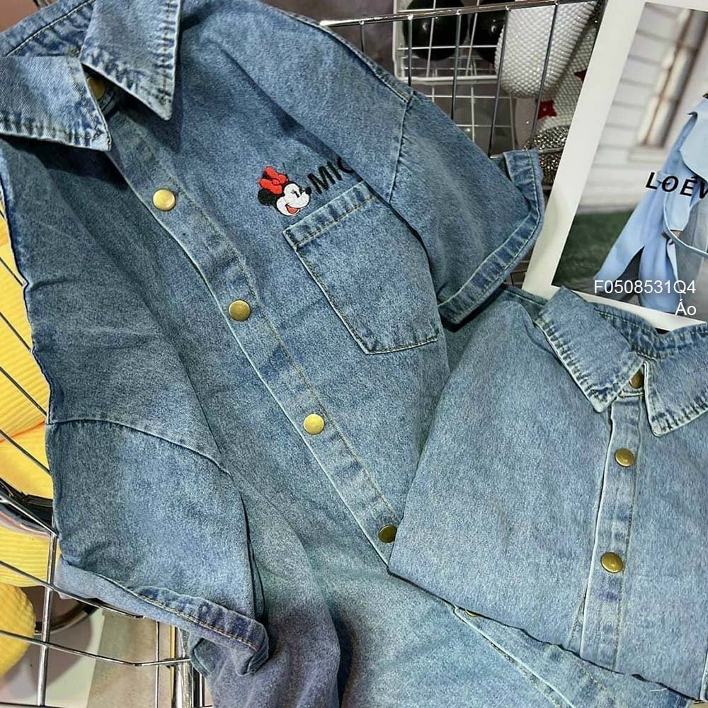 Áo sơ mi jean một túi thêu hình mickey tay con!
