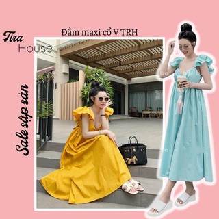 Đầm maxi cổ V thắt nơ sau Tira House váy maxi tay cánh tiên siêu xinh V1526