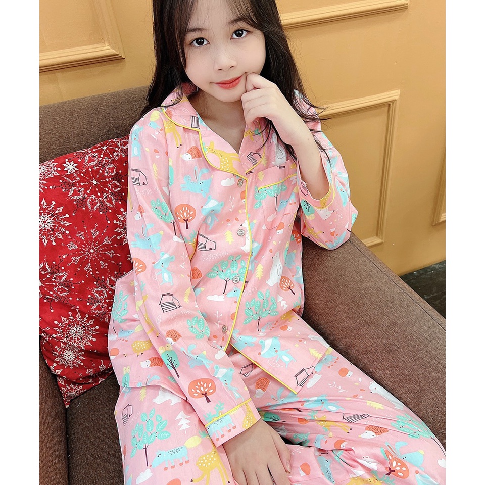 Đồ bộ mặc nhà Pijama bé gái áo dài quần dài màu hồng hình chú hươu nhỏ