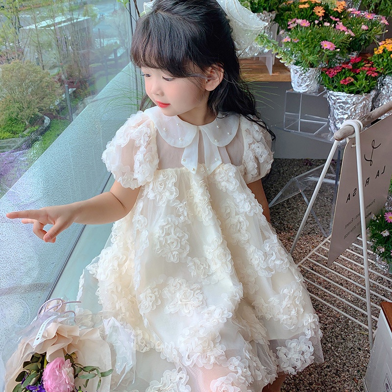 Se7en Đầm Công Chúa Ba Chiều Màu Trơn Tay Phồng Đính Hoa Ngọc Trai Mùa Hè Hàn Quốc Cho Bé Gái