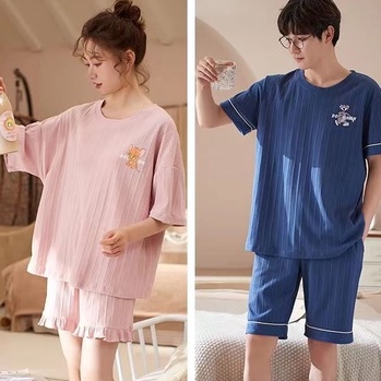 Bộ Đồ Ngủ Ngắn Tay Hai Mảnh Phong Cách Hàn Quốc Cho Nam Nữ