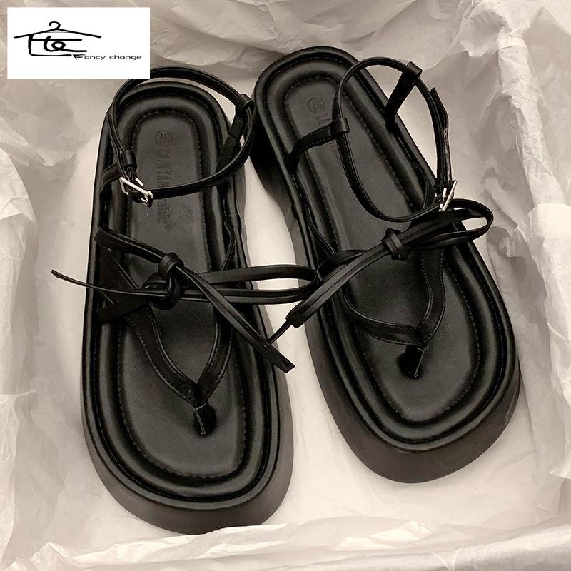 Giày Sandal Cao Gót Đế Dày Màu Đen Phong Cách Roman Thời Trang Mùa Hè 2022