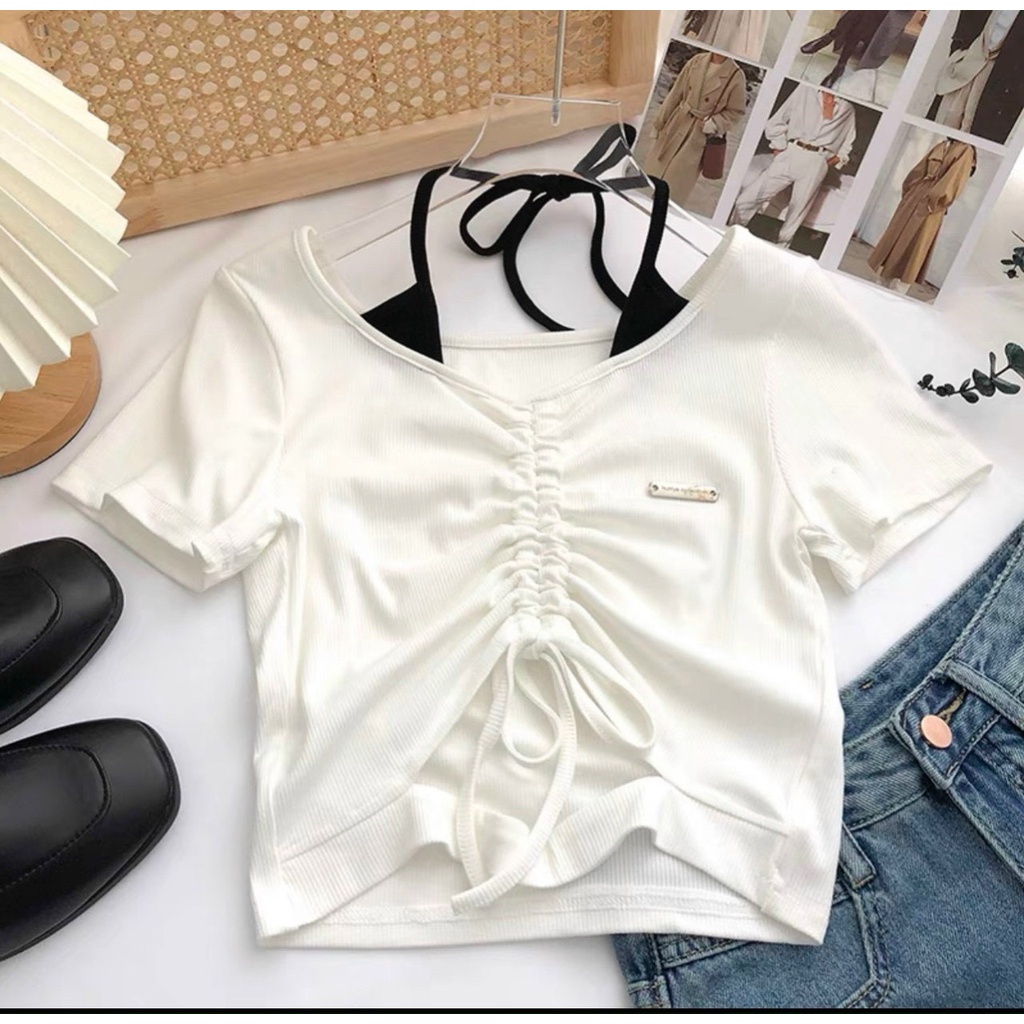 Áo kiểu thun gân croptop tay ngắn rút dây giữa giả yếm cá tính