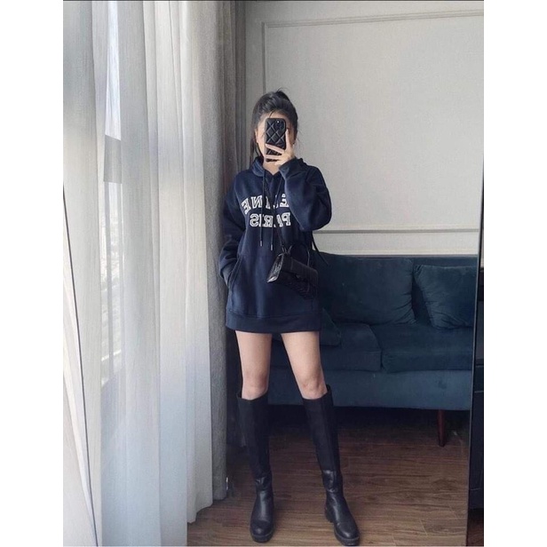 Áo Nỉ Hoodie Mũ Paris Màu Xanh Than Dáng Rộng Giấu Quần