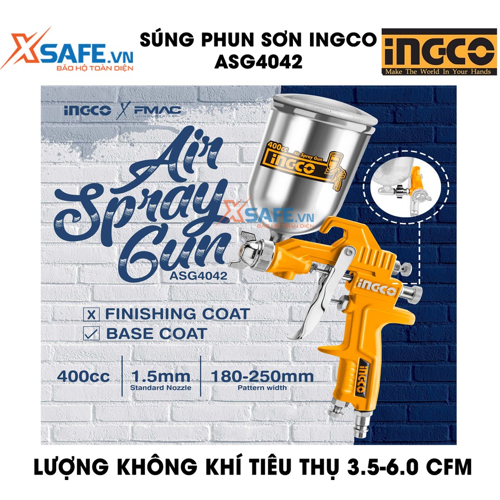 Súng phun sơn INGCO ASG4042 - Súng phun sơn đầu phun tiêu chuẩn 1.5mm, áp suất 3.0-4.0 bar, thể tích bình nhôm 400cc
