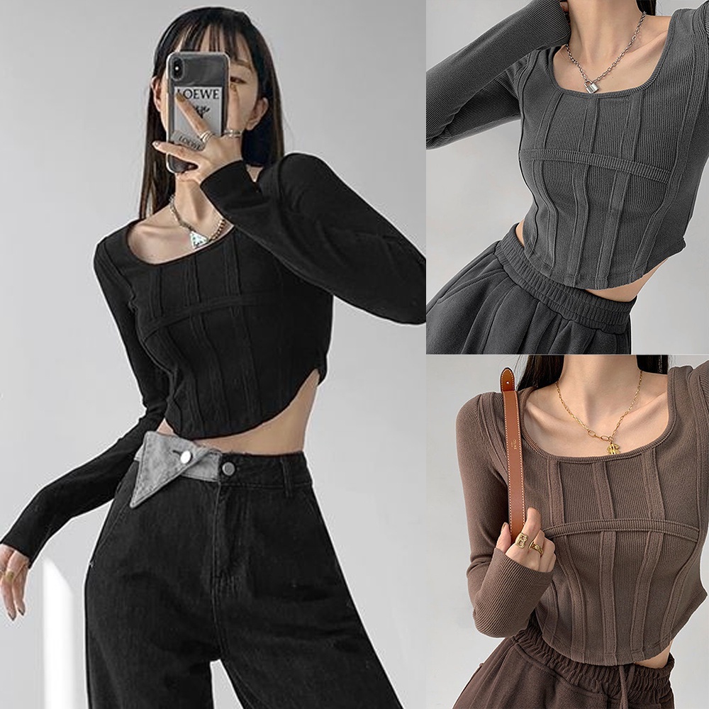 Áo Thun Tay Dài Cổ Vuông Dáng Ôm Thời Trang Quyến Rũ Cho Nữ