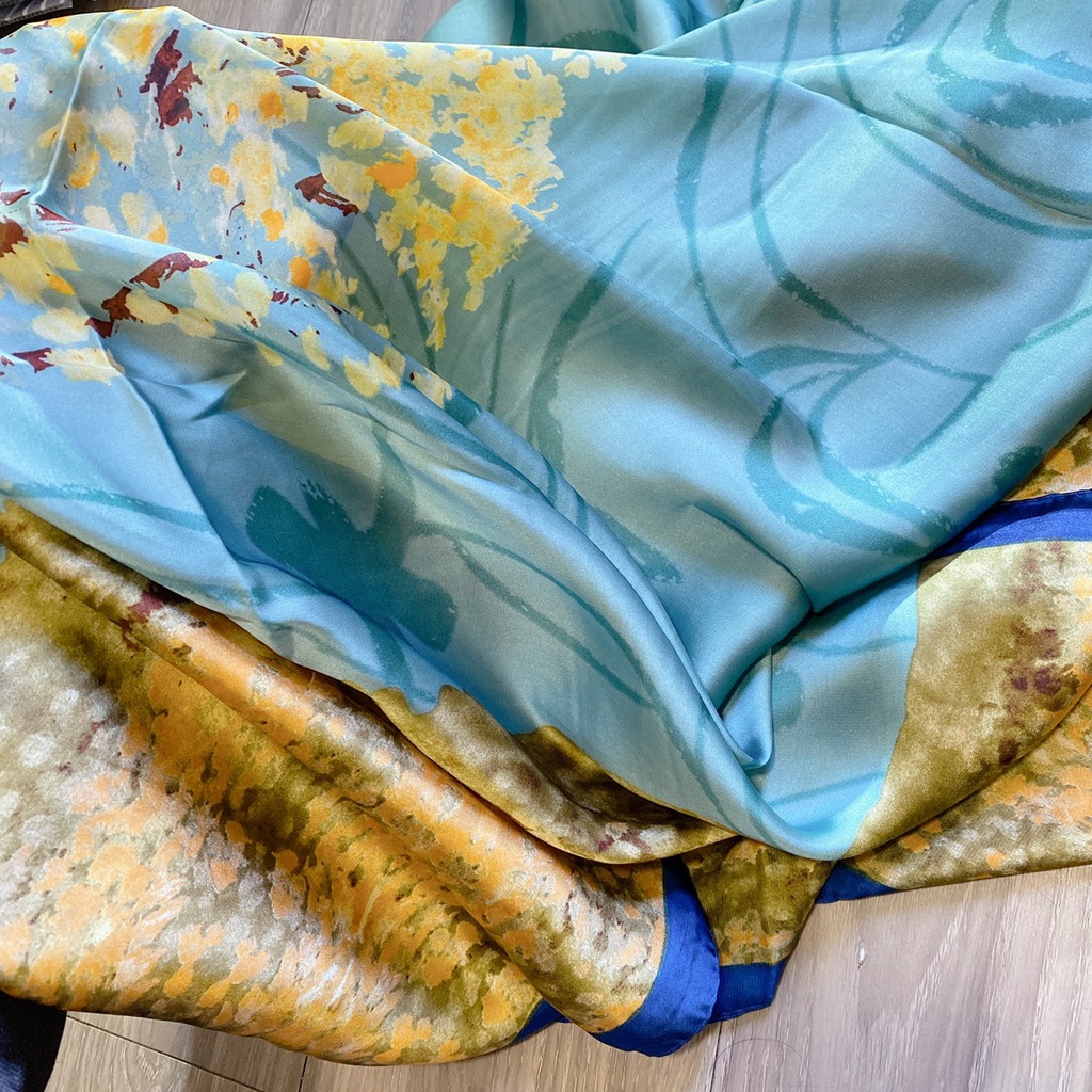 KHĂN LỤA SATIN DÀI BẢN TO 180*90 XANH HOẠ TIẾT HOASALE KHĂN LỤA CAO CẤP HOẠ TIẾT SẮC NÉT SIÊU SANG