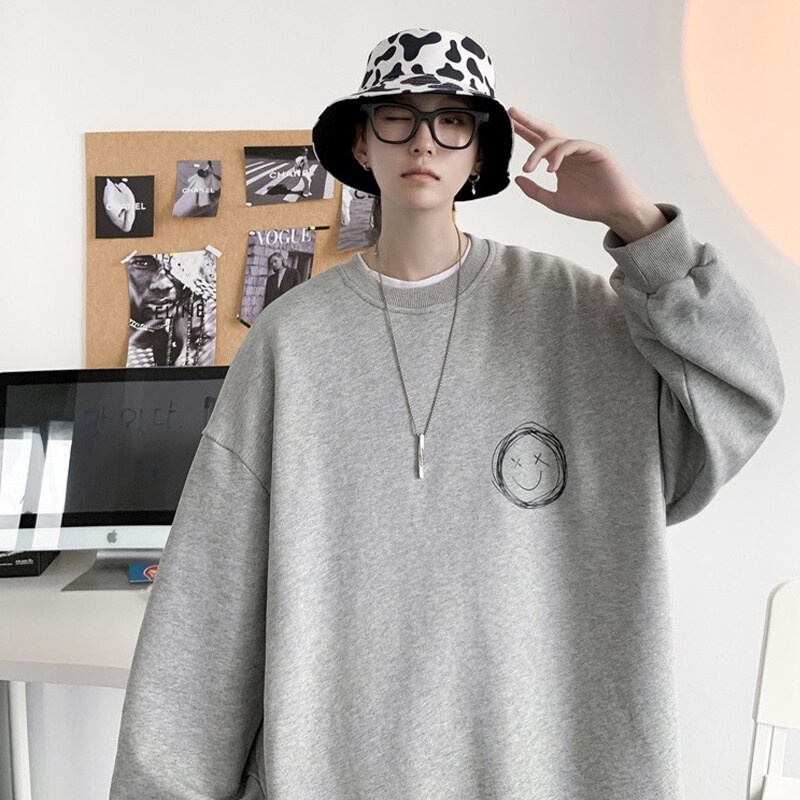 Áo Sweater Unisex nỉ in hình mặt cười, phong cách Hàn Quốc, form rộng có thể mặc sơ mi bên trong