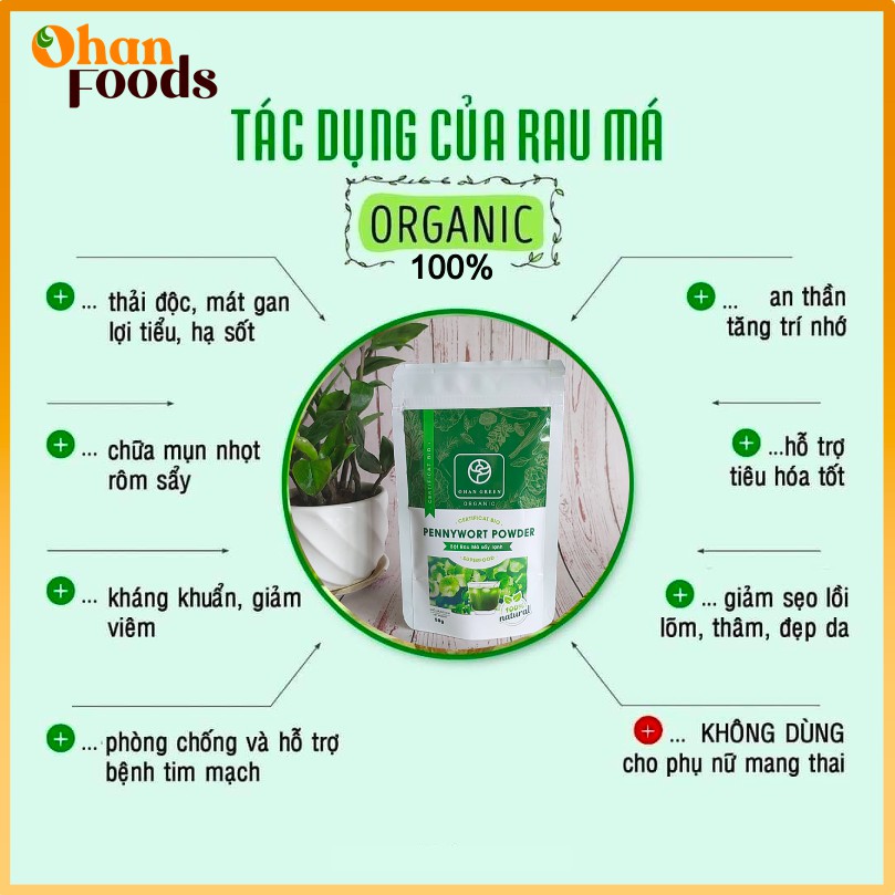 Bột rau má organic Ohan Green nguyên chất hữu cơ giúp trắng da, giảm mụn,mát gan 50 gram