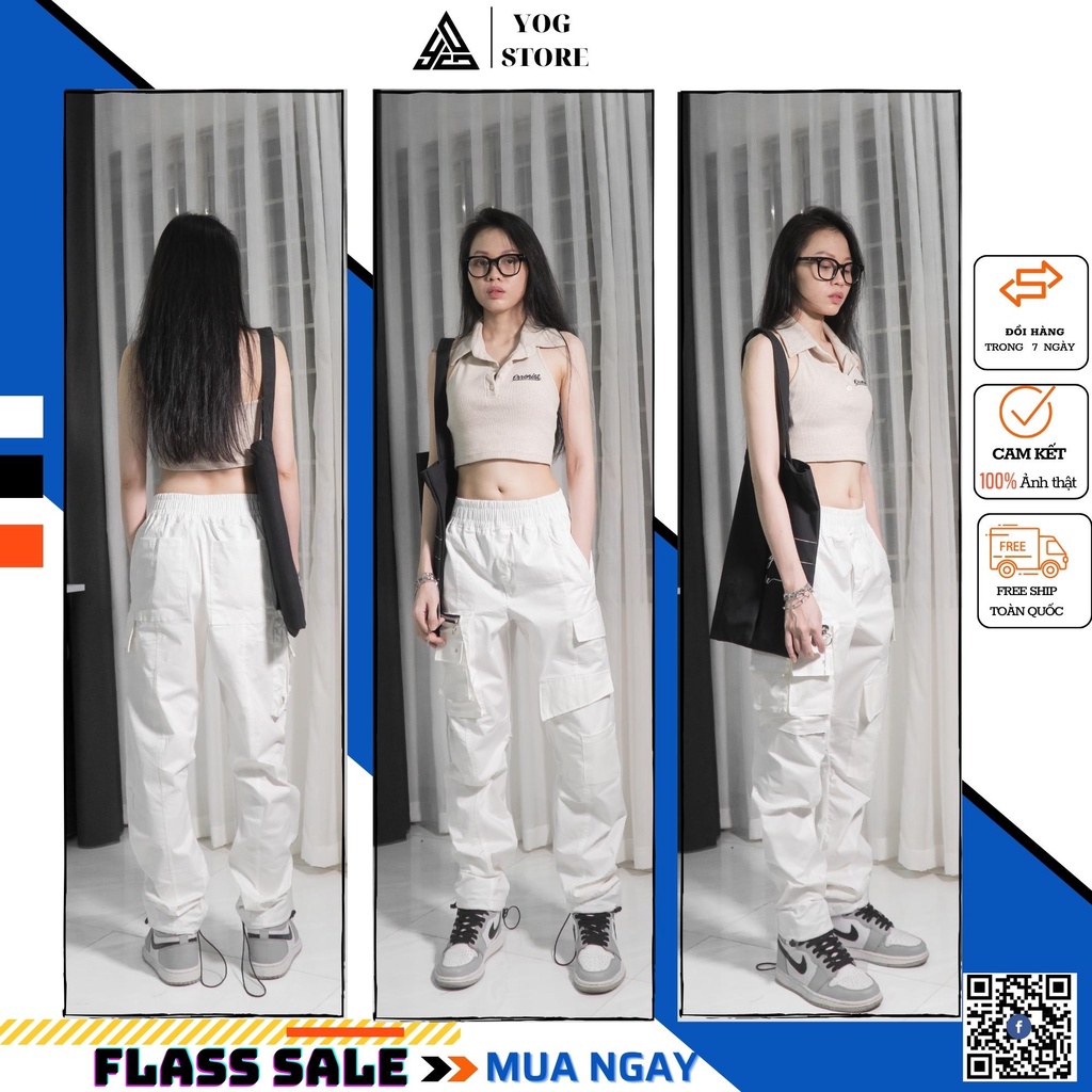 cargo pants - quần kaki ống rộng cạp cao túi hộp nhiều túi màu cam dáng suông hack dáng phong cách Âu Mỹ  YOG