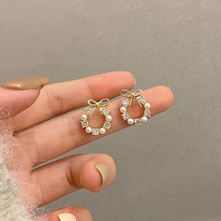Bông tai hạt châu hình nơ dễ thương màu trắng dành cho nữ