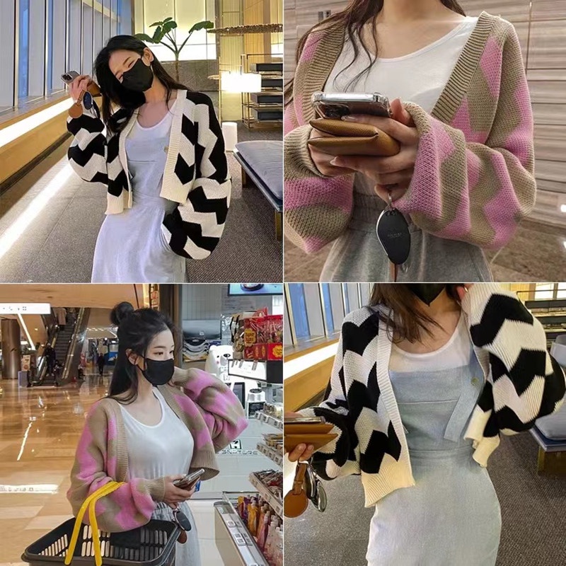 SUXI Áo Khoác Cardigan Dệt Kim Dáng Rộng Họa Tiết Kẻ Sọc Thời Trang Mùa Thu Phong Cách Hàn Quốc Cho Nữ