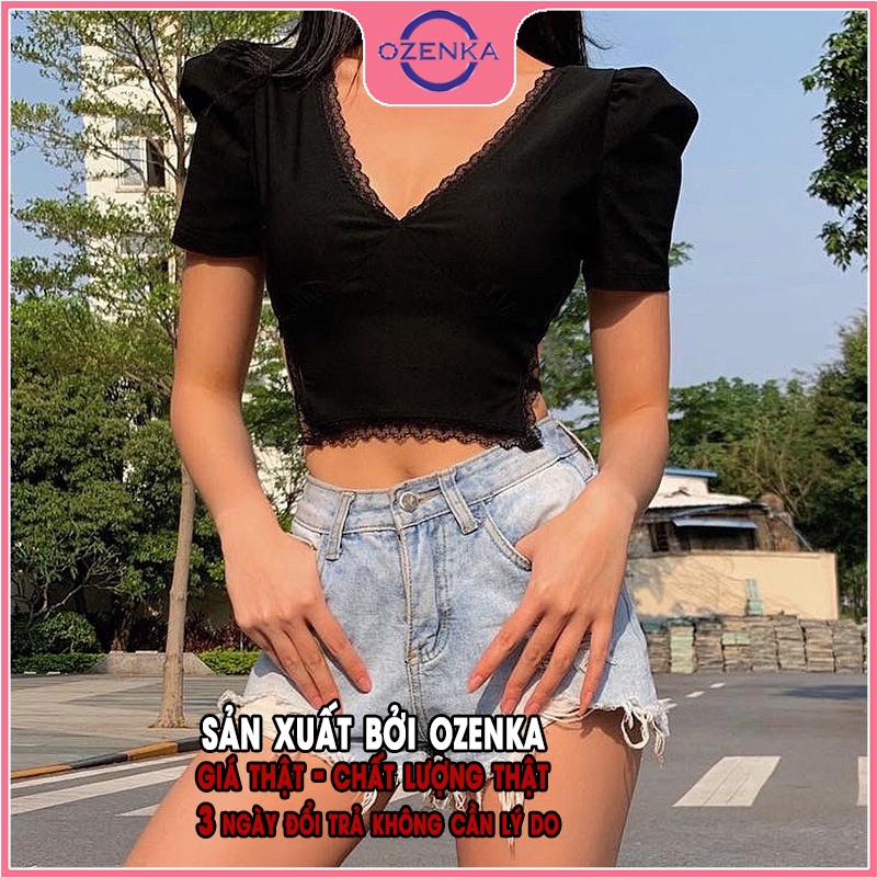 Áo croptop cổ V cộc tay vai bồng phối ren nữ OZENKA , áo thun nữ ôm body hở lưng gợi cảm buộc dây màu đen dưới 50kg