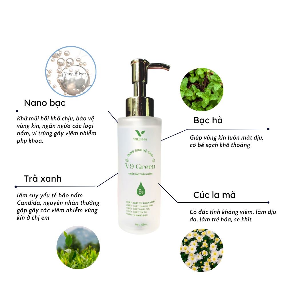 Dung dịch vệ sinh phụ nữ V9Queen, chiết xuất trầu không bạc hà V9 Green 100ml