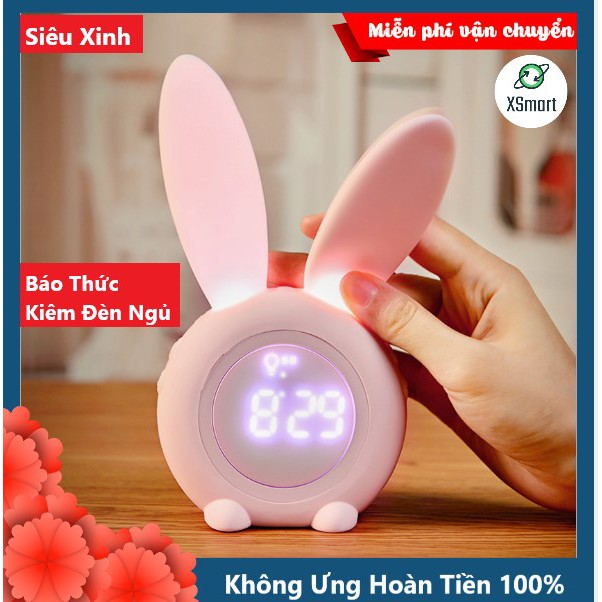 Đồng Hồ Báo Thức Thông Minh Để Bàn Đa Năng Thỏ Con Cute Siêu Xinh Kiêm Đèn Ngủ, Có Cảm Biến Âm Thanh, Xem Nhiệt Độ Phòng