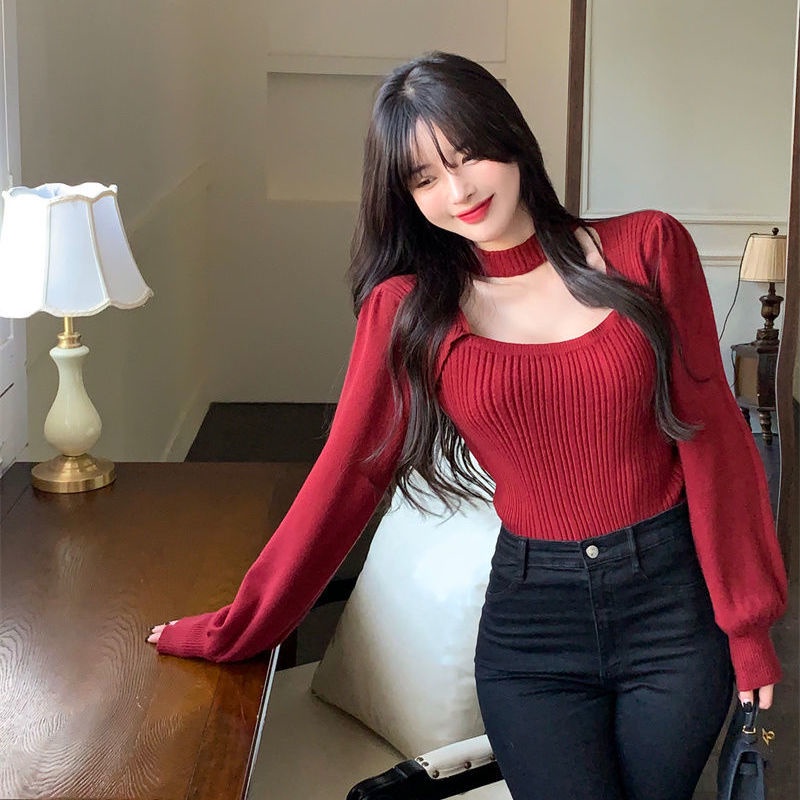 Áo sweater COZOKC dệt kim tay dài cổ vuông thời trang trẻ trung