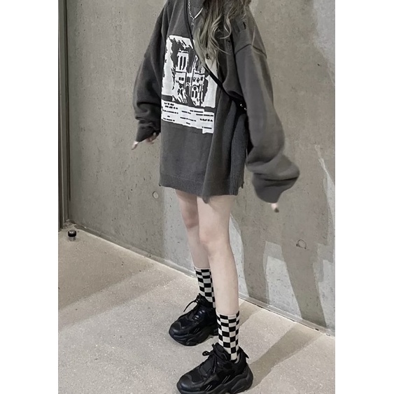 Áo nỉ sweater unisex dài tay nam nữ in họa tiết,  màu xám đen SW3 | BigBuy360 - bigbuy360.vn