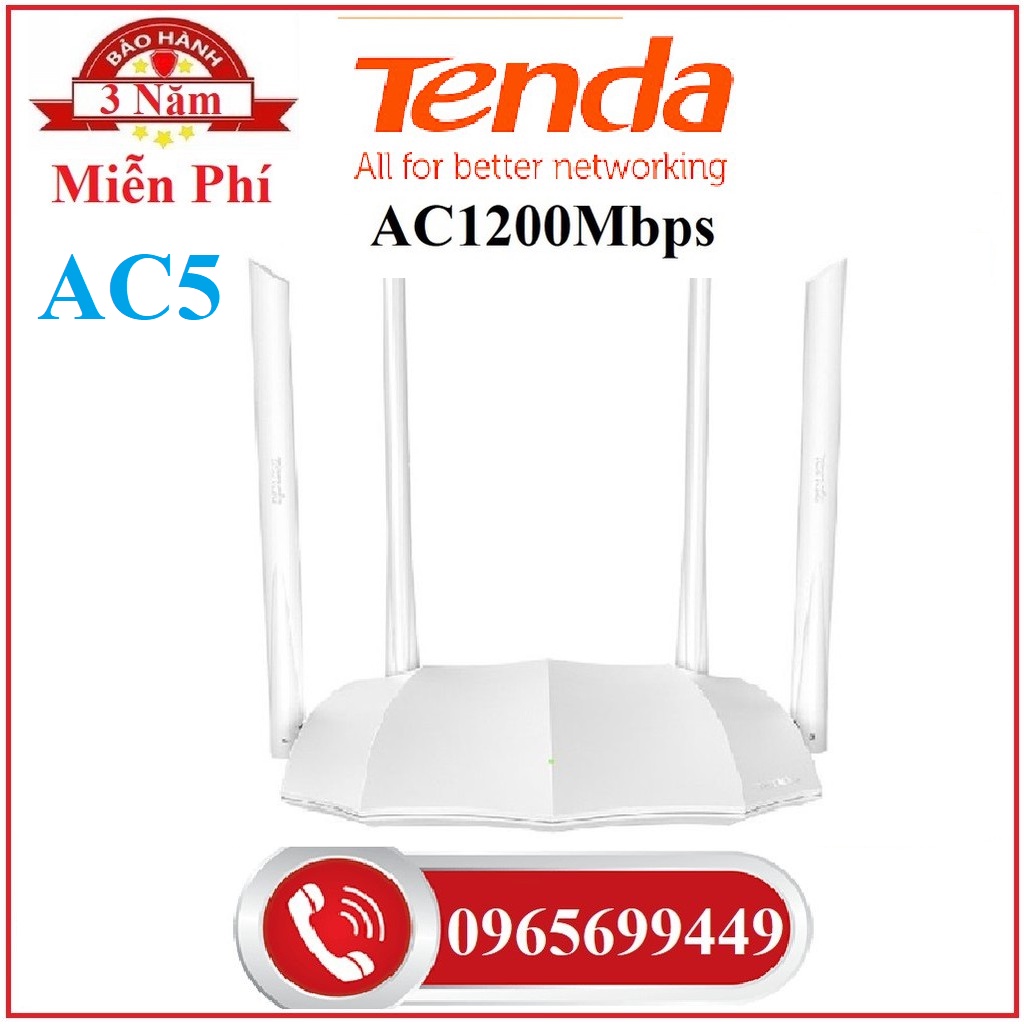 Bộ Phát Wifi  Tenda AC5 4 Râu Xuyên Tường Chuẩn AC1200 Màu Trắng - Hàng Chính Hãng