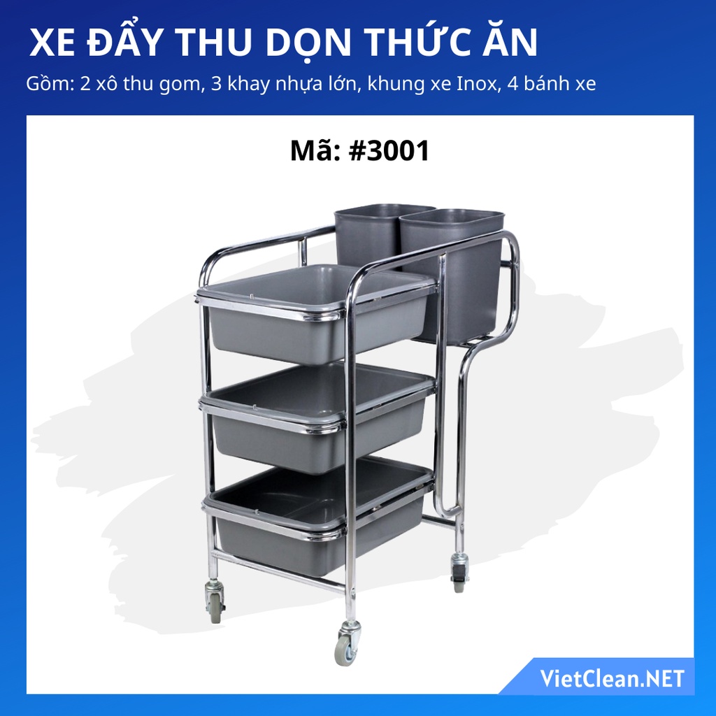 Xe Đẩy Thu Gom Thức ăn Siêu Tiện Lợi , khung Inox, , 4 bánh xe (2 bánh có khóa), bảo hành 12 tháng