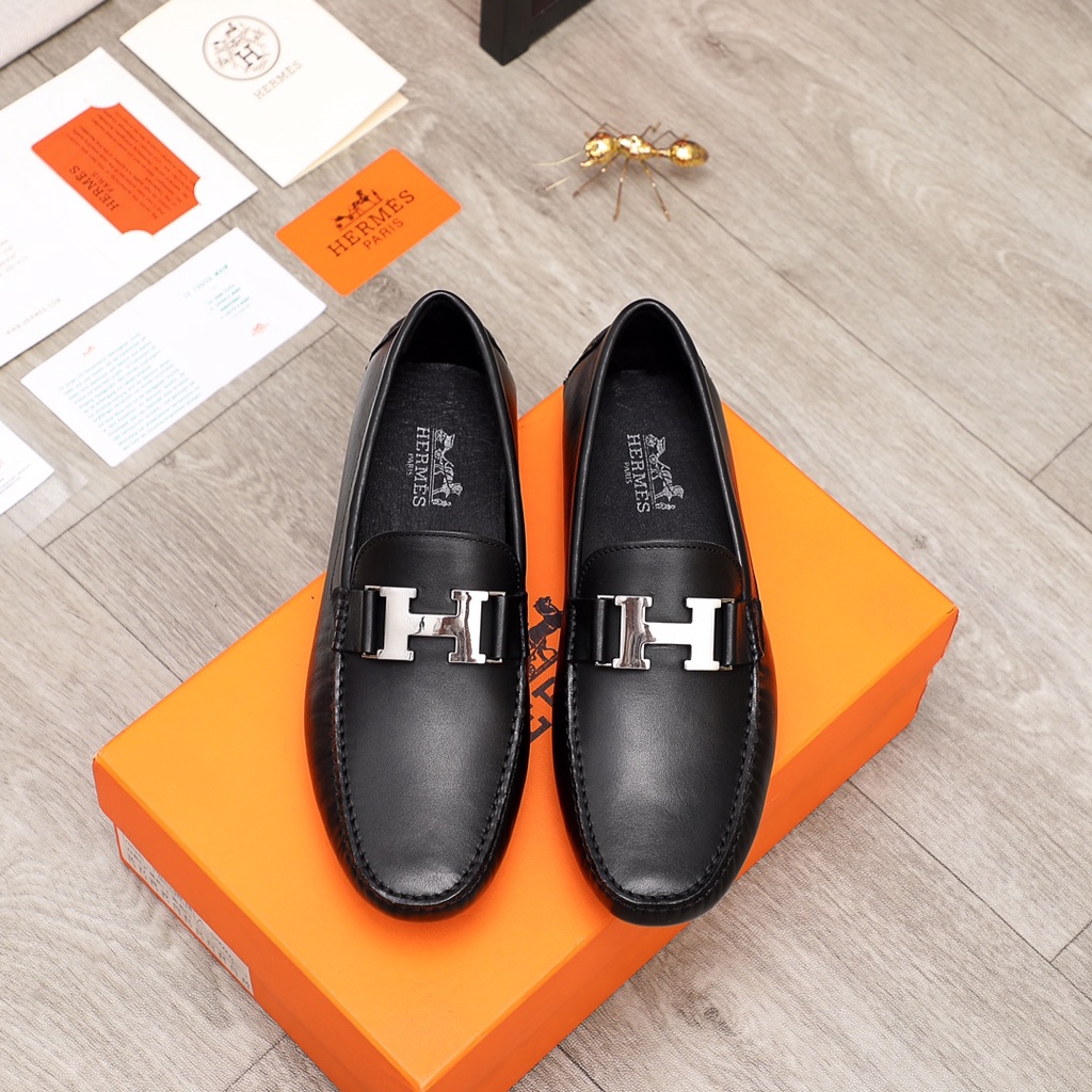Giày lười nam cao cấp da thật Hermes HM thiết kế sang trọng và lịch lãm với trang trí khóa hình logo thời trang