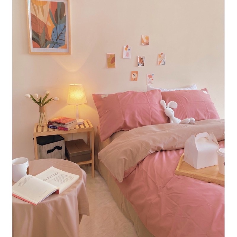 Chăn Ga Gối Cotton TC - chăn ga đủ size miễn phí bo chun - Gam màu hồng -  bộ vỏ chăn ga giường