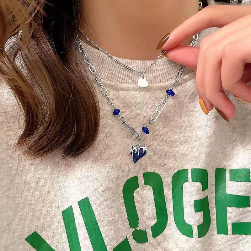 Vòng cổ Hai Lớp Mặt Hình Trái Tim Màu Xanh Dương Phong Cách Ngọt Ngào