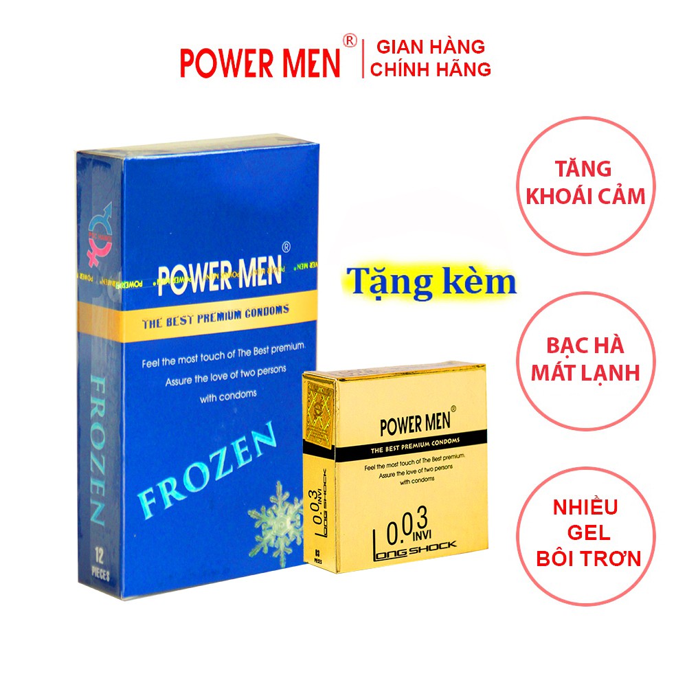 Bao cao su Powermen Frozen gân gai, kéo dài mát lạnh hương bạc hà Hộp 12 chiếc