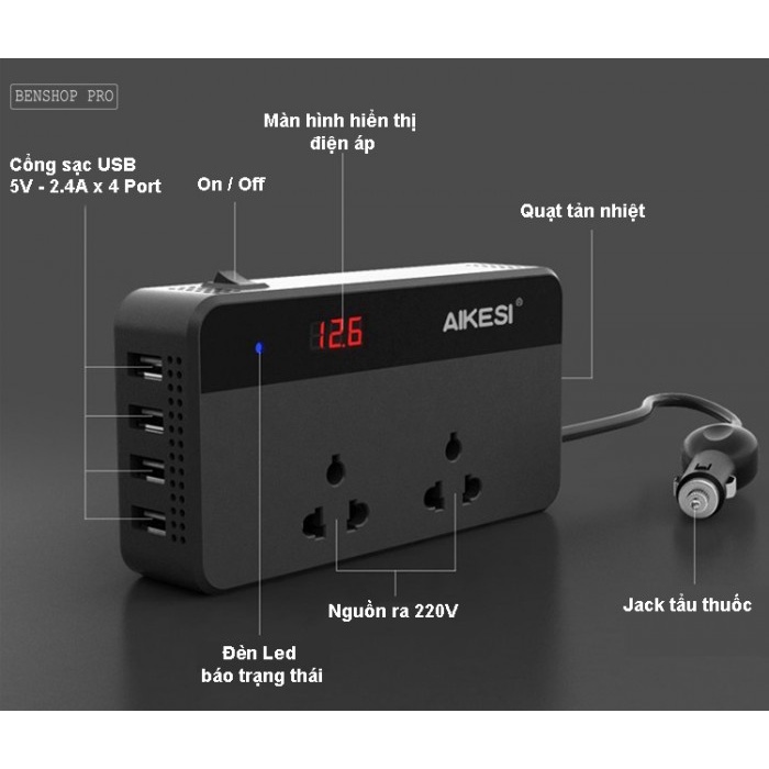 Aikesi Aks 9005 - Car inverter Ci02 – Bộ Chuyển Đổi Nguồn Từ 12V, 24V Sang 220V Cao Cấp Dành Cho Ô Tô