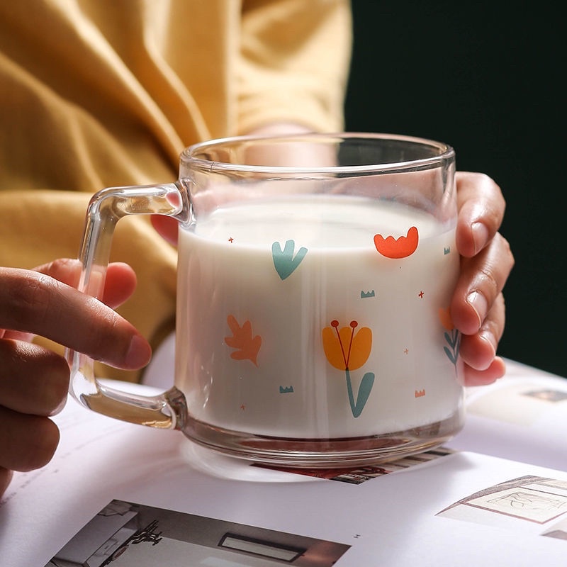 Cốc thuỷ tinh HOA NHÍ tulip cúc trắng có quai xinh xẻo hợp làm quà tặng trang trí phòng bếp
