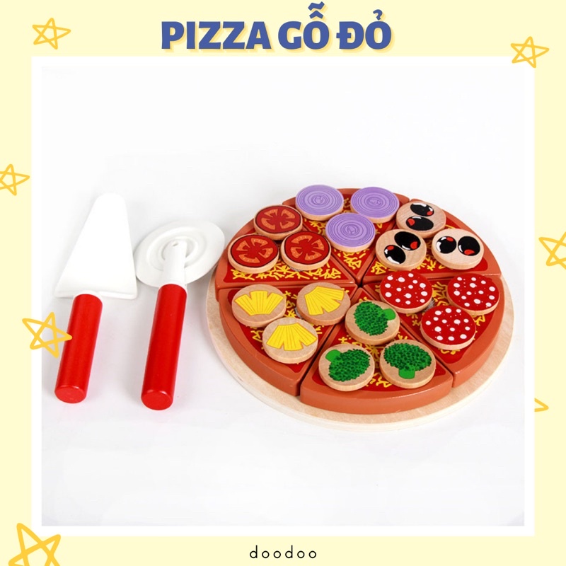 Bộ đồ chơi gỗ bé làm Pizza màu đỏ kèm phụ kiện